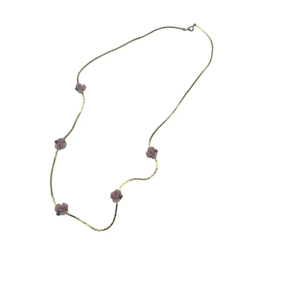 Vintage Gold-Tone Necklace With Pink Rose Accents & Delicate Chain Pre-Owned